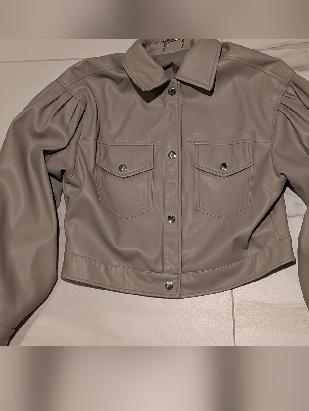 **PRICE DROP**T Tahari taupe faux leather cropped jacket